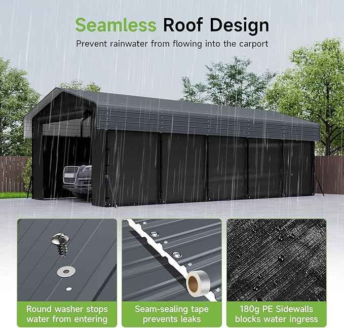 13x26FT Heavy Duty Metal Carport,Outdoor Garage with Removable Sidewalls & Doors, Heavy Duty Steel Frame and Galvanized Roof for Cars and Boats, Gray