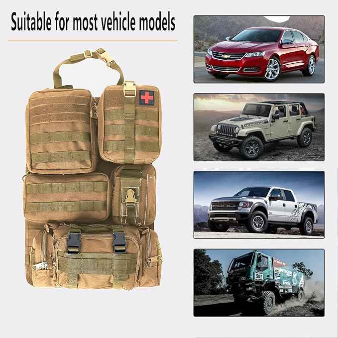 tactical car seat back organizer and storage truck seat covers with a Molle Vehicle Panel and 5 Different Size Molle Pouches for most models such as Jeep,SUV,Pickup(Khaki)