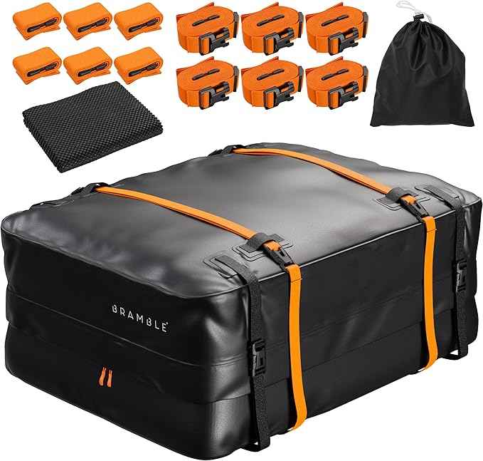 BRAMBLE Strong Car Roof Bag Rooftop Cargo Carrier 20 Cubic Feet, 100% Waterproof & Tear Resistant Car Roof Cargo Carrier, Fit for All Cars with/Without Roof Rack, Include Non-Slip Mat, Hooks, Straps