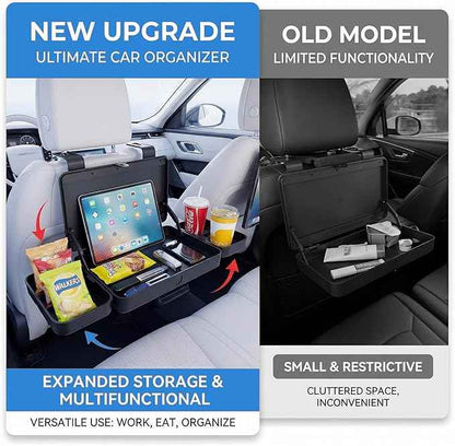 Car Back Seat Tray Table - Foldable & Adjustable Travel Desk for Eating, Working, Gaming | Sturdy Plastic Snack Lap Tray for Adults | Fits SUV, Sedan, Minivan (Folding Storage Box)