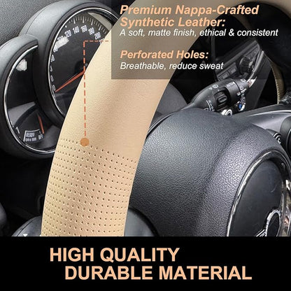 PINCTROT Large Size Nappa Leather Steering Wheel Cover, Slim Fit No Bulk Design, One Piece Leather with Breathable Perforation, Fit Like Gloves, 15.5-15.75 Inch(Nappa Light Taupe)
