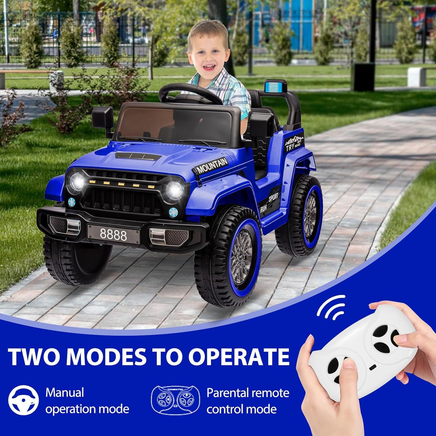 12V Kids Ride On Truck Car, Battery Powered Electric Vehicles with Remote Control, Spring Suspensions, 3 Speeds, LED Lights, Music, MP3, Ride On Toy Car for Children Toddles Boys Girls, Dark Blue - AutoBay