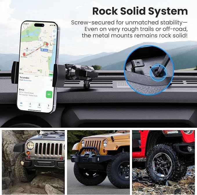 Upgraded Metal Phone Mount for Jeep Wrangler JL JLU 2018-2023 & Gladiator JT 2020 2021 2022 2023 Accessories, Dash Phone Holder with Duck Mounts System Kit (Not for 4xe & 2024+)