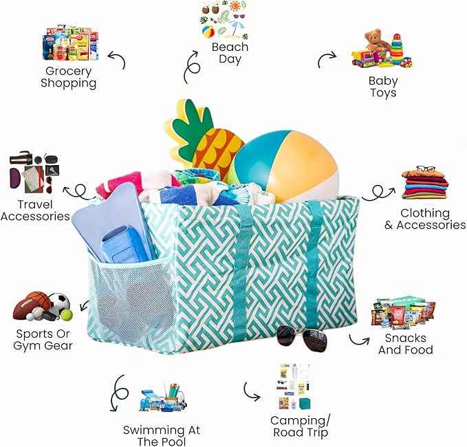 Extra Large Utility Tote Bag - Oversized Collapsible Reusable Wire Frame Rectangular Canvas Basket With Two Exterior Pockets For Beach, Pool, Laundry, Car Trunk, Storage - Geometric Teal