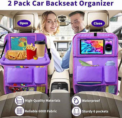 Car Seat Back Organizer Table Tray, Car Seat Storage Organizer for Kids with Foldable Tablet Holder, 6 Storage Pockets Kick Mats 600D Oxford, 2 Pack Purple