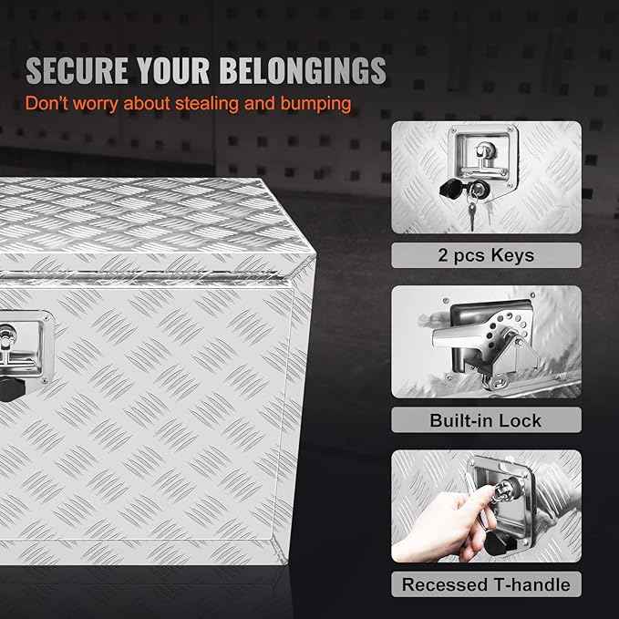 VEVOR Underbody Truck Box, 30"×17"×18" Pickup Storage Box, Heavy Duty Aluminum Diamond Plate Tool Box with Lock and Keys, Waterproof Trailer Storage Box with T-Handle Latch for Truck, Van, Trailer