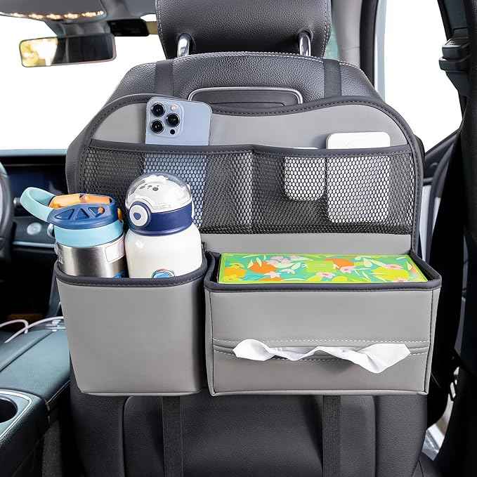 Leather Car Seat Back Organizer with Tissue Holder, Water Bottle Holder, Phone Holder for Road Trips. (Gray)