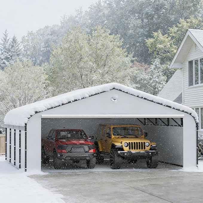 20x20 Metal Carport, Heavy Duty 2-Car Carport Canopy, CarPorts with Removable Polyethylene Sidewalls, Galvanized Steel Roof Car Tent Garage