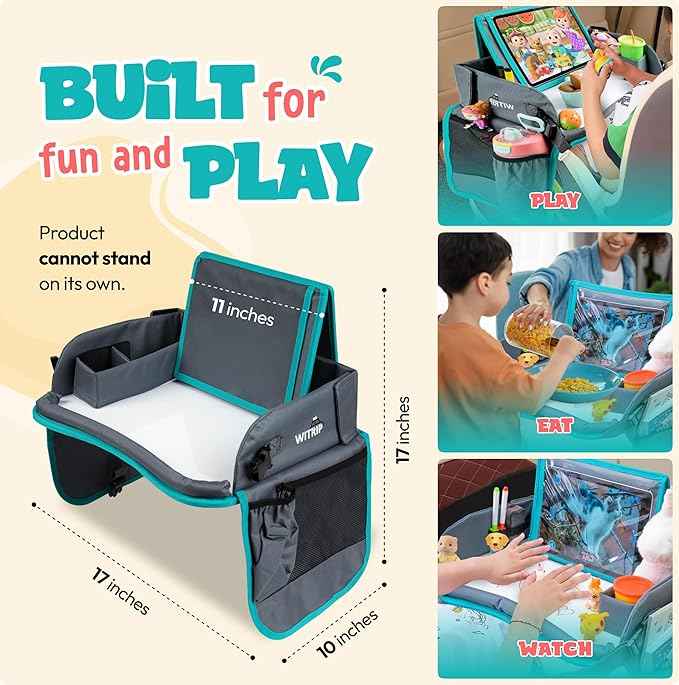 Kids Travel Tray with Dry Erase Board WITRIP- Car Seat Tray for Kids Travel, Carseat Table Top for Toddler, Lap Desk for Car Seat, Activity Organizer & Snack Holder,Road Trip Essentials for Kid (Aqua)