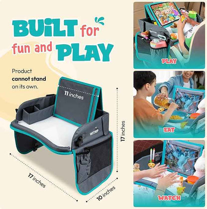 Kids Travel Tray with Dry Erase Board WITRIP- Car Seat Tray for Kids Travel, Carseat Table Top for Toddler, Lap Desk for Car Seat, Activity Organizer & Snack Holder,Road Trip Essentials for Kid (Aqua)