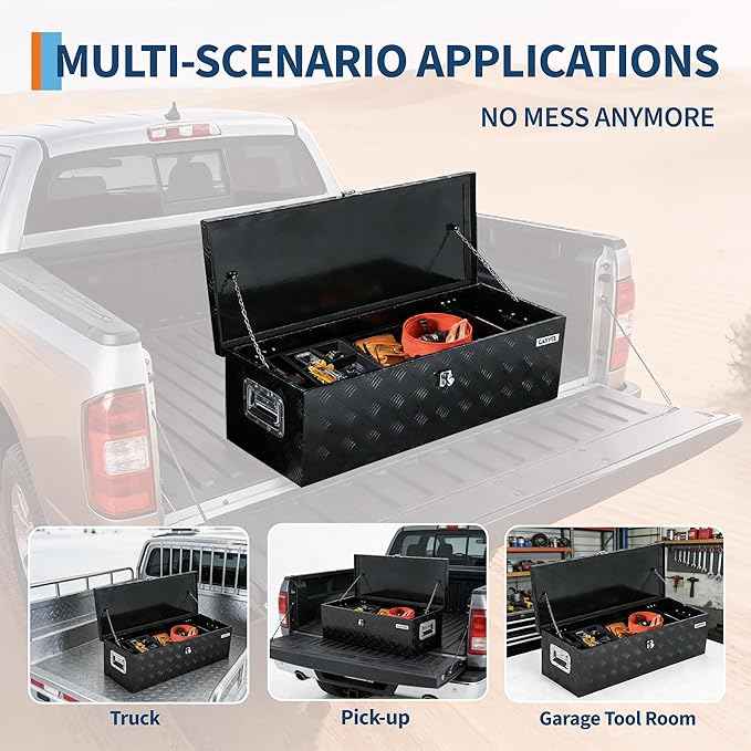 Garvee 48 Inch Aluminum Truck Bed Tool Box - Heavy Duty Diamond Plate Tool Chest with Lock and Keys | Storage Organizer for Pickup Trucks, RV, Trailers | Side Handles, 48 x 15 x 15 Inches, Black