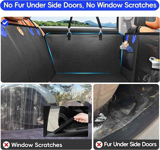 2-In-1 Heavy-Duty Hard Bottom Dog Hammock for Car, 100% Waterproof PU Leather Backseat Cover, Zipper Side Flaps, Non-Slip Extender for Large/Elderly Dogs & Multi-Dog Families,Fits Sedan/SUV/Med.Truck