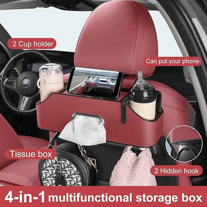 Car Rear Backseat Extra Multifunctional Drink Cup Holder Organizers With Tissue Storage Box Organizer & Hooks For Car Seat Back. Red