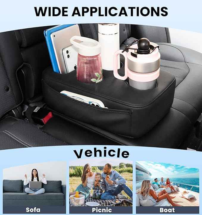 Back Seat Cup Holder for Car, PU Leather Couch Sofa Bed Boat Cup Holder Tray, Organizer for Trucks, Minivans, SUVs, RVs, Vehicles, Holds Drinks, Remote, Snacks, with Side Pockets
