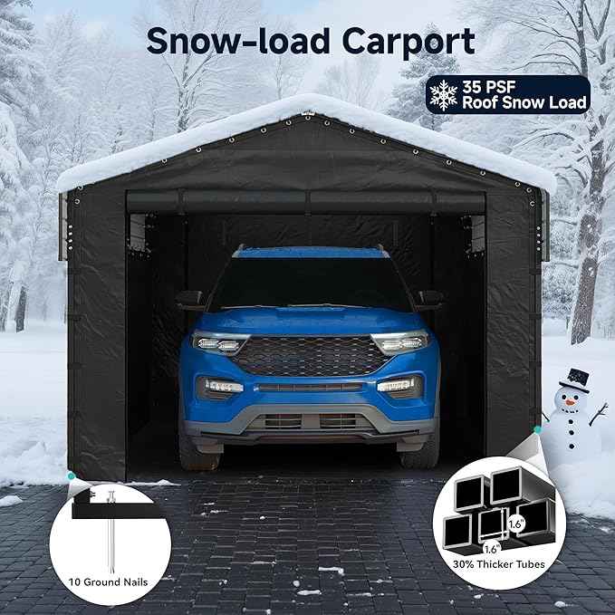 10x15FT Heavy Duty Metal Carport, Outdoor Carport Canopy with Galvanized Steel Roof and Reinforced Base,Removable Sidewalls & Door, Garage Shelter Shade for Cars,Trucks, Boats, Gray