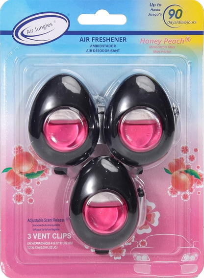 Air Jungles Car Air Freshener Vent Clip 3 Count, Honey Peach Scent, 4 ml Each, Long-Lasting Car Odor Eliminator, Easy Clip-On Design, Up to 90 Days Freshness for Cars, Trucks, and SUVs
