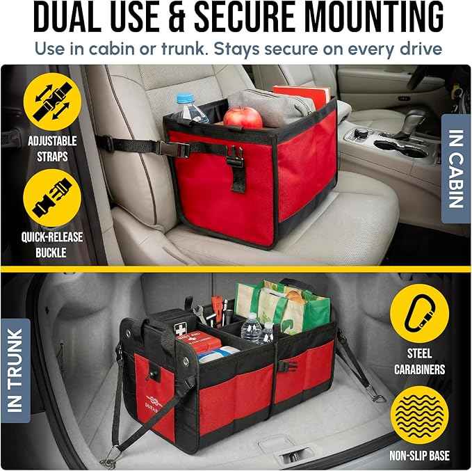 XL Trunk Organizer 4-Section Modular System – Extra Large Car Cargo Storage, Foldable Multi-Compartment Bin for Groceries, Gear & Travel – High-Density Structure – Red