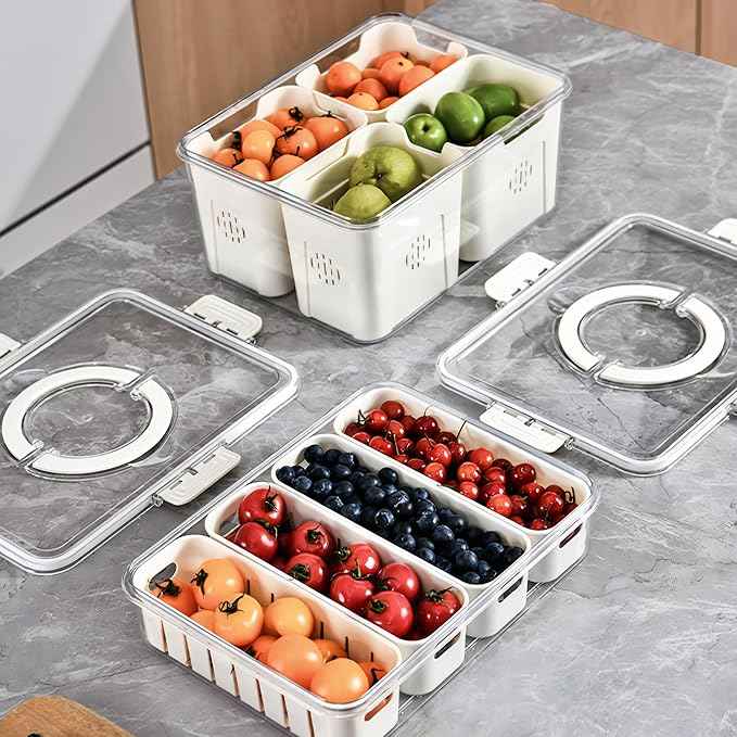 Eanpet Divided Veggie Tray with Lid and Handle 4 Compartment Serving Tray Portable Travel Snack Storage Containers Stackable Snackle Box Charcuterie Container for Fruit,Vegetable,Salad