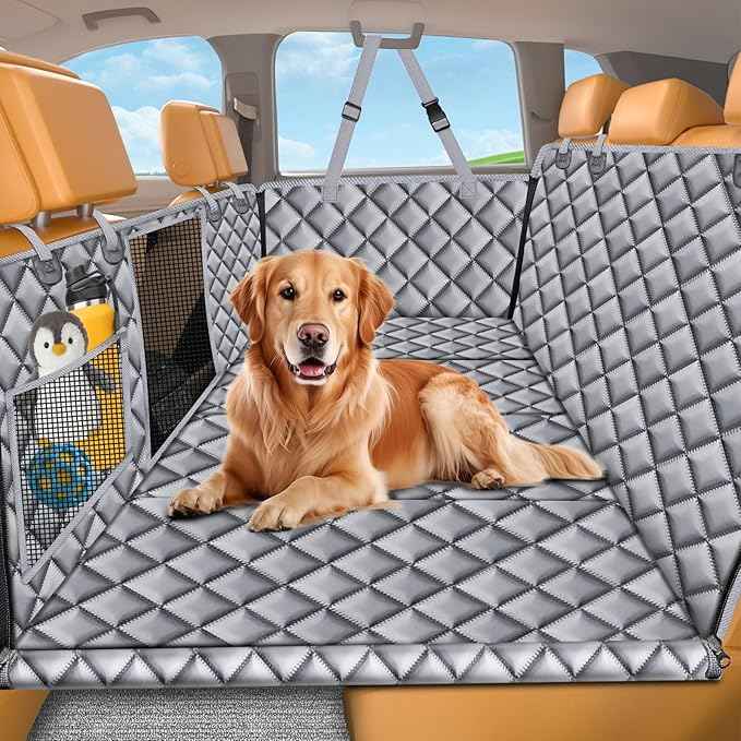 URPOWER Backseat Extender for Dogs - Hard Bottom Dog Car Seat Cover for Back Seat, Dog Hammock for Car and SUV, Pet Rear Seat Protector Dogs Travel Bed with Mesh Window & Side Flaps