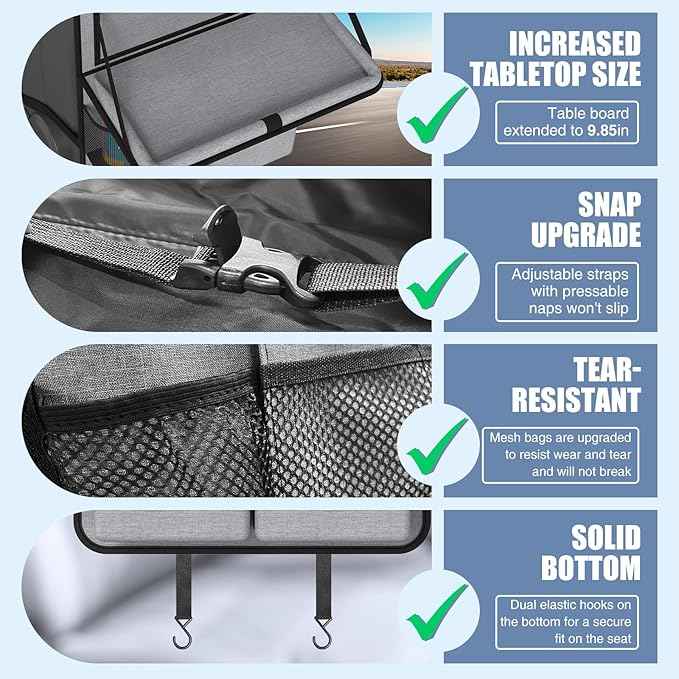 Car Backseat Organizer with Tablet Holder,11 Storage Pockets with Foldable Food Tray, Protector Kick Mats for Kids, Travel Accessories Organizer (Gray, 1Pack with Food Tray)