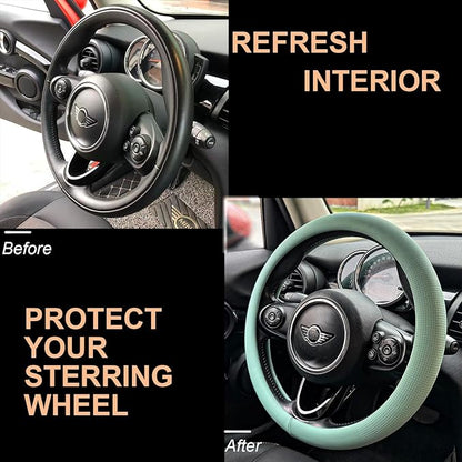 PINCTROT Nappa Leather Steering Wheel Cover, Slim Fit No Bulk Design, One Piece Leather with Breathable Perforation, Fit Like Gloves, Universal 14.5-15 Inch(Nappa Mint)