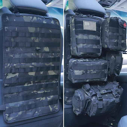 Universal Tactical Car Seat Back Organizer Bag Tactical Molle Vehicle Organizers Panel Vehicle Protector Organizers with 5 Detachable Pouches for Car (Black camo)