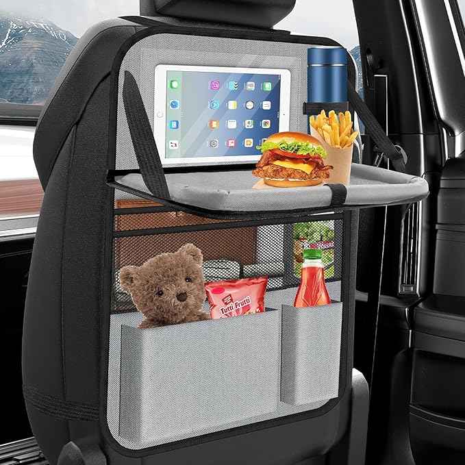 Car Backseat Organizer with table Tray, 9 Storage Pockets Backseat Car Organizer with Tablet Holder, Back seat Organizer for Kids Road Trip Essentials Travel (1Pack)