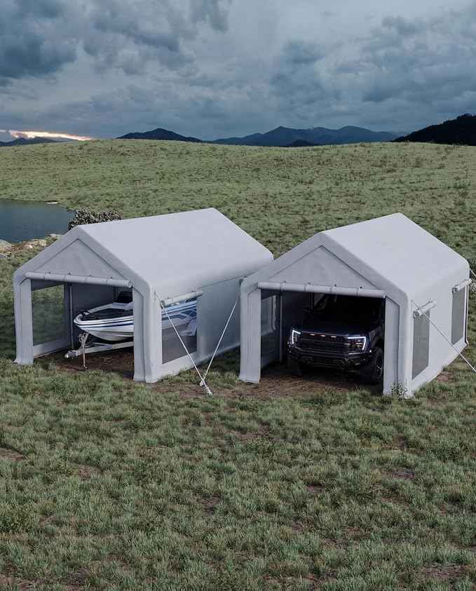 [2-Pack] 10x20 ft Portable Garage Carport, Heavy-Duty 200g PE Tarp with 2 Roll-up Doors & 4 Windows, White Waterproof Shelter for Paint Booth, Boat, Pickup & Event