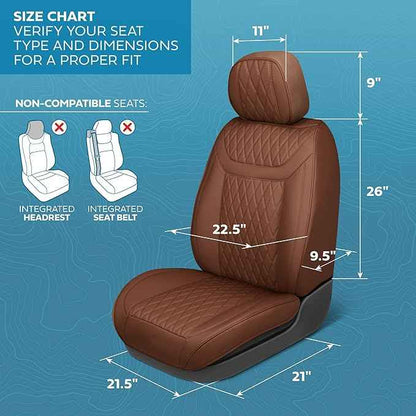 Car Seat Covers – Ranch Leatherette Faux Leather Brown Seat Covers for Car – Diamond Stitched Cushioned Interior Protectors for Automotive Accessories, Trucks, SUV, Cars – Two Front Covers