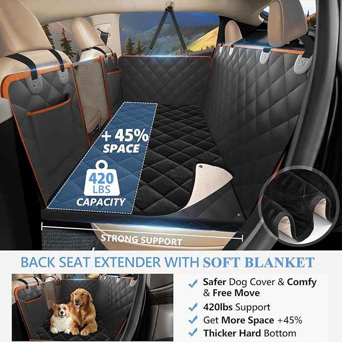 2025 Upgraded Back Seat Extender for Dogs with Soft Blanket, Dog Car Seat Cover for Back Seat Holds 420lbs, Hard Bottom Backseat Cover for Dogs, Waterproof Dog Hammock for Car, SUV, Truck, Black
