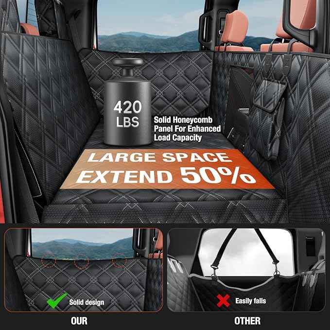 Truck Back Seat Extender for Dogs – Waterproof Full Size Pickup Pet Seat Cover with Door Protection, Hard Bottom Holds 420 lbs Dog Hammock for F150, RAM 1500 & More