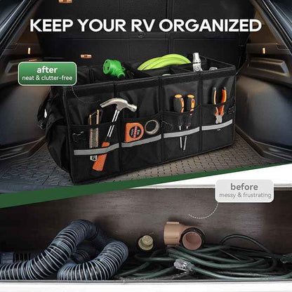 RVGUARD RV Storage Caddy, RV Storage and Organization, with Removable Dividers, Collapsible, Car Trunk Organizer with Large Capacity Waterproof, for RV Accessories, Black