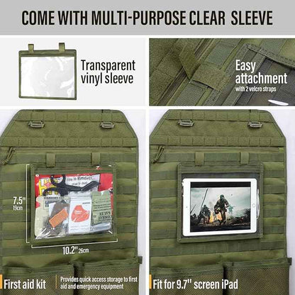 WYNEX Car Seat Organizer, Molle Backseat Cover Organizer Protector with Sling Rack, Visual Pocket and Patch, Universal Vehicle Fits for F150, Jeeps, Pickups & Trucks for Road Trips