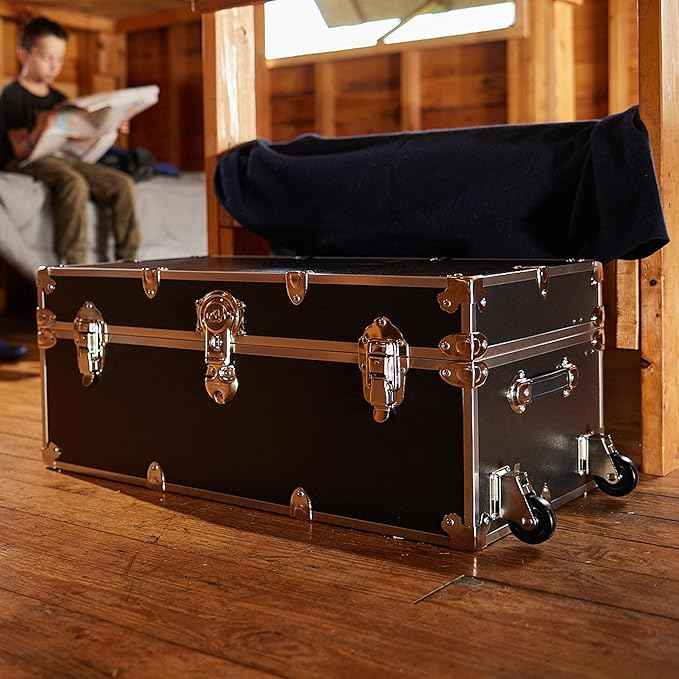 Rhino Trunk & Case Large Armor Camp Trunk with Removeable Wheels - Secure Dorm Storage Chest, Ideal Summer Camper Footlocker, Strong College Trunks - Seats 1000+ Pounds - 32"x18"x14" (Slate)