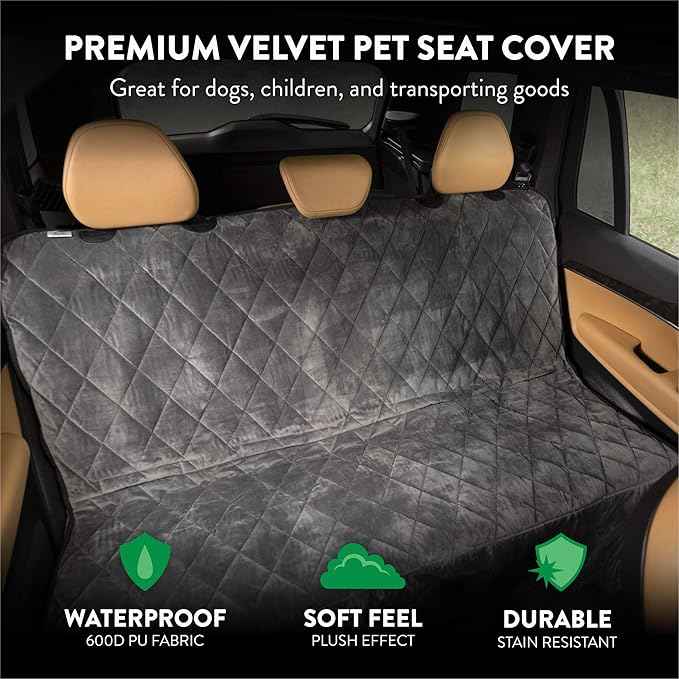Plush Paws Products Velvet Rear Car Seat Protector w/Hammock | Washable & Waterproof Back Seat Dog Cover for Car, Truck, & SUV | Nonslip, Tear Resistant Pet Seat Cover | X-Large London Grey