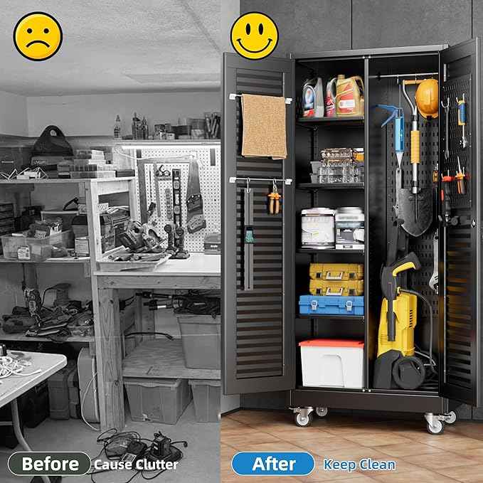 Aobabo Lockable Metal Storage Cabinet with 4 Adjuatable Shelves,Garage Storage Cabinet with Wheels and 5 Remove Pegboard,Required Assembly,Black,70.87''H*31.5''W*15.75''D