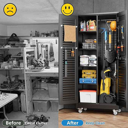 Aobabo Lockable Metal Storage Cabinet with 4 Adjuatable Shelves,Garage Storage Cabinet with Wheels and 5 Remove Pegboard,Required Assembly,Black,70.87''H*31.5''W*15.75''D