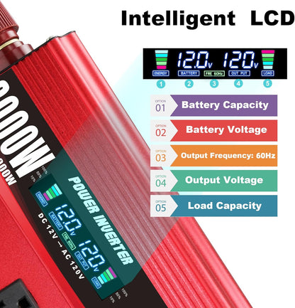3000W Power Inverter 12V to 110V/120V DC to AC with LCD Display, Remote Controller 4 x AC Outlets and 4 x 3.1A USB Car Adapter for Car Truck Boat RV Solar System