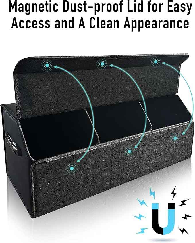 Car Organizers for Trunk for Suv Sedan, Leather Storage Box,Extra Large,Magnetic Lid,Collapsible and Adjustable, S004, Black