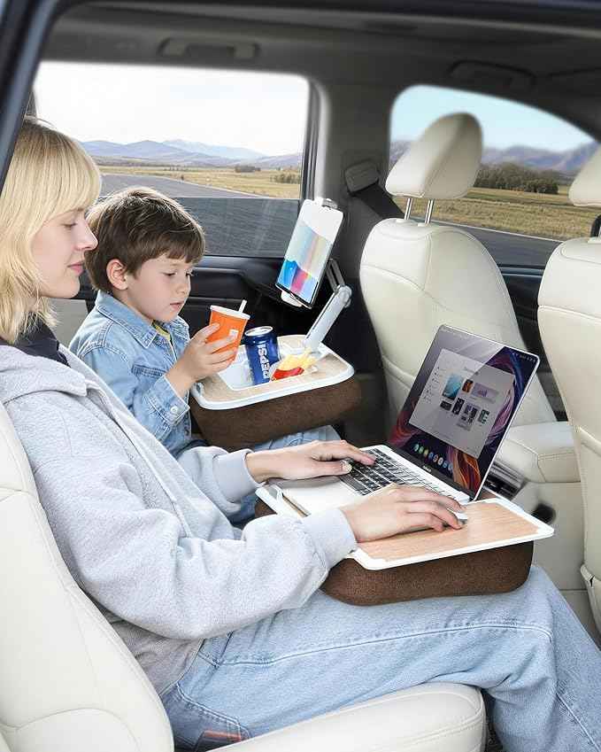 Car Desk for Laptop with Mouse Pad, Car Tablet Holder Back Seat for Kids, Car Tray Table for Front Seat Passenger, Portable Soft Pillow Stand for Vehicle Bed Sofa - Wood Grain