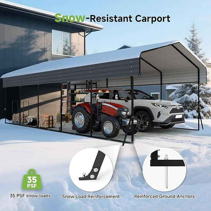 Heavy Duty Metal Carport, 13x26FT Carport Canopy with Galvanized Steel Roof and Reinforced Frame, 2 Support Rods, Outdoor Garage Car Shelter Shade for Cars, Boats and Truck, Party, Gray