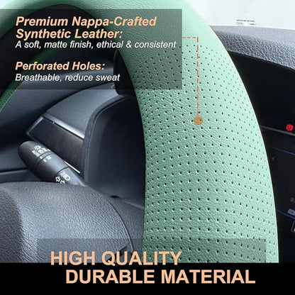 PINCTROT D Shaped Nappa Leather Steering Wheel Cover, Slim Fit No Bulk Design, One Piece Leather with Breathable Perforation, Fit Like Gloves, Flat Bottom 14.5-15 Inch(Nappa Mint)