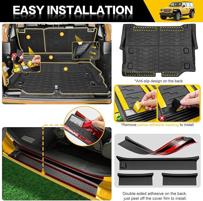 Cargo Mats with Door Sill Guards for 2021-2025 Jeep Wrangler JL Unlimited 4XE Accessories All Weather Rear Seat Back Cover Trunk Liner Door Sill Protector for JL JLU 4XE 4 Door(Not for 4X4)