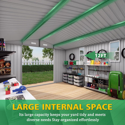 10 x 12 FT Large Outdoor Storage Shed w/ 2 Clear Window, Heavy Duty Metal Garden Sheds with Lockable Door & Air Vents, Waterproof Tool House for Bicycles, Tools, Backyards, Patios, Lawns, Gray