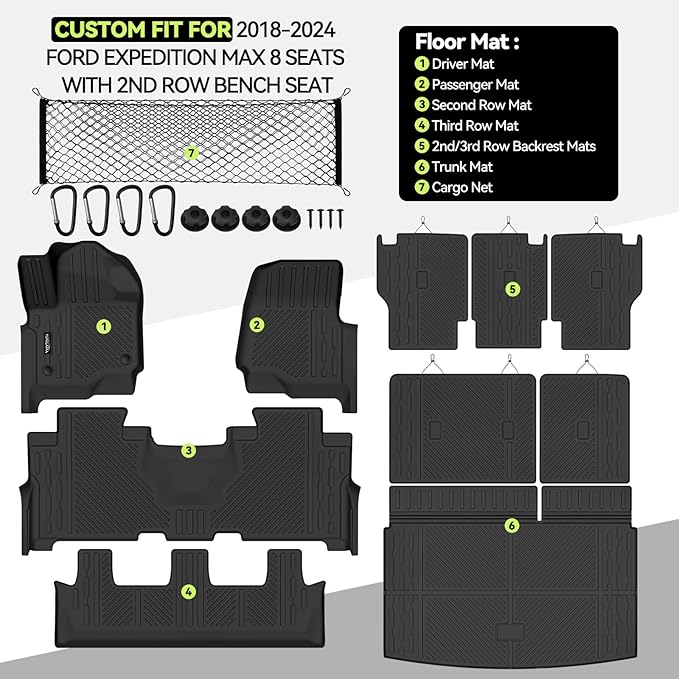 Tongama-Floor Mats for 2018-2024 Ford Expedition Max 8 Seats with 2nd Row Bench Seat, All Weather TPE Trunk Mat and 2nd & 3rd Backrest Mats Protectors and Cargo Net for Ford Expedition Accessories