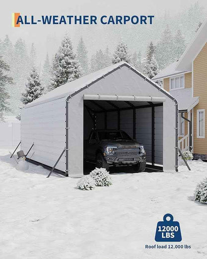 GarveeLife Heavy-Duty PE Enclosure Kit (2-Pack) for Metal Carport - 220gsm Roll-Up Zipper Door Panels for 13x26, 13x21, 13x16 ft, with Ball Bungees, White