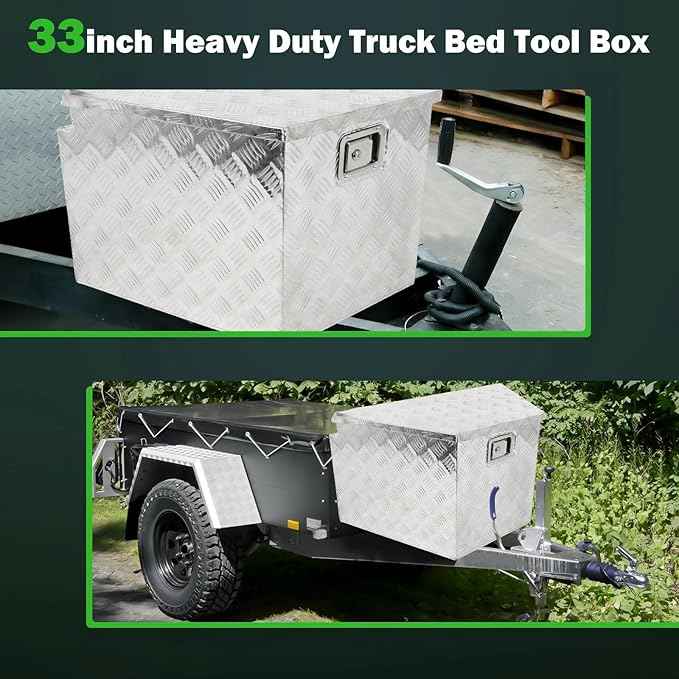SCITOO 33 Inch Aluminum Diamond Plate Truck Bed Tool Box,Heavy Duty Crossover Storage for Most Full Size Pickups,Lockable Weatherproof Chest,Fits 33" Truck Beds,Easy Access to Load and Unload