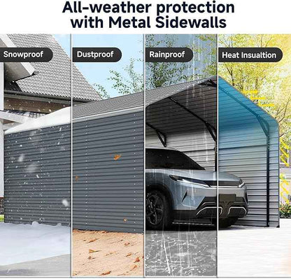 10x15FT Heavy Duty Metal Carport,Outdoor Garage with Metal Side Panels, Enclosed Car Ports with Heavy Duty Steel Frame and Galvanized Roof for Cars and Boats, Equipment Storage,Tools, Gray