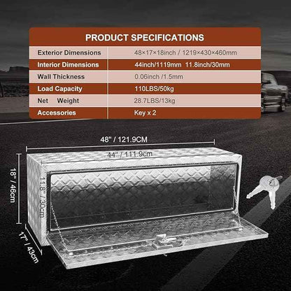 VEVOR Underbody Truck Box, 48"×17"×18" Pickup Storage Box, Heavy Duty Aluminum Diamond Plate Tool Box with Lock and Keys, Waterproof Trailer Storage Box with T-Handle Latch for Truck, Van, Trailer
