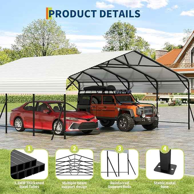20x20x9FT Metal Carport, Oversized Metal Garage with Steel Frame for All Weather, Heavy Duty Carports, for Car, Boats and Tractor